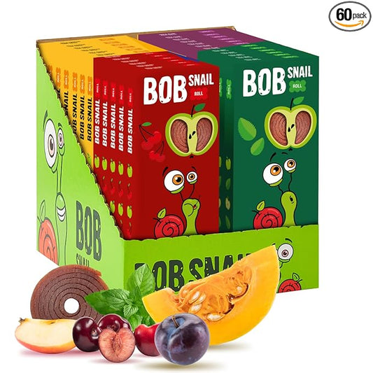 BOB SNAIL Healthy Organic Fruit Snacks for Kids and Adults – 60 Organic Fruit Roll Up Strips with Cherry, Mint, Pumpkin, Plum –Vegan Low-Carb Variety Pack Leather Strips for Kids–Sugar Free Jerky Bars