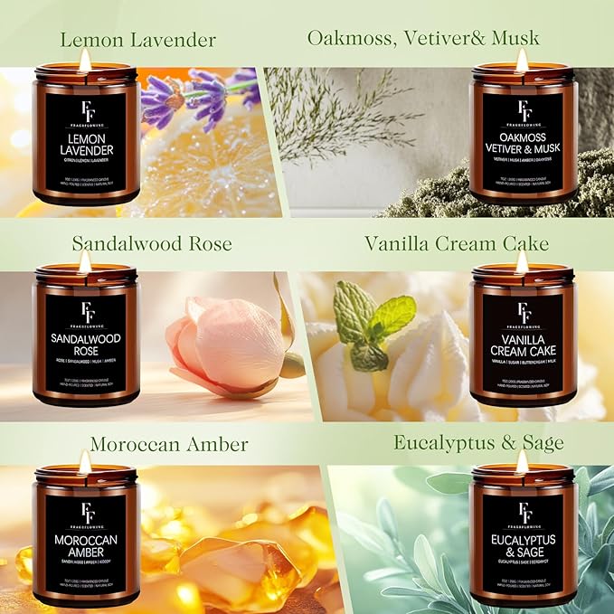 Scented Candles Set, Candles for Home Scented Soy Wax Candles, 6 Pack 42 Oz Aromatherapy Candles Gift Set for Women Men (Lemon/Vanilla/Sage/Rose/Amber/Vetiver)