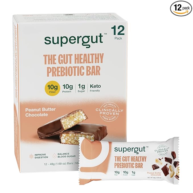 Supergut GLP-1 Boosting Prebiotic Bars, Peanut Butter Chocolate - Gut Healthy Protein Snacks & Breakfast Bars - Keto-Friendly Meal Replacement Energy Bars for Gut Health (12 Count)