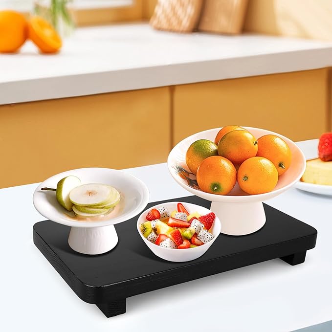 Black Bathroom Counter Organizer Tray Wood Riser Kitchen Countertop Trays Dish Soap Dispenser Holder for Bathroom Decor Wooden Pedestal Display Stands Kitchen Sink Accessories Vanity Tray