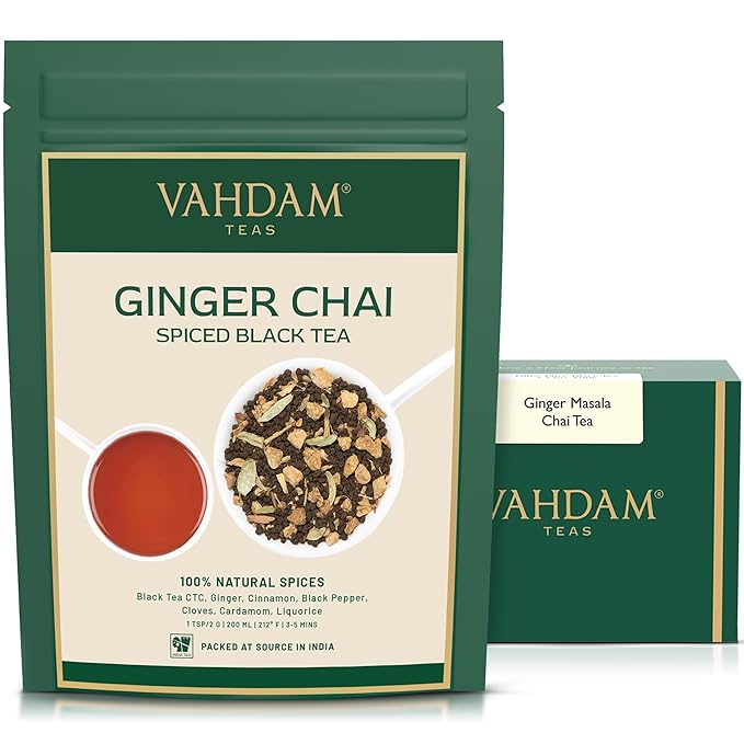 VAHDAM, Ginger Masala Chai Tea (50+ Cups,3.53oz) Authentic Indian Ginger Tea | Spiced Chai Tea Loose Leaf | Brew Hot, Iced Or Chai Latte | Vacuum Sealed Pack