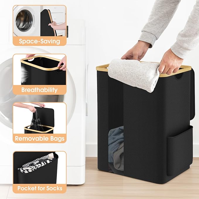 Laundry Basket Clothes Hamper with Lid and Side Pocket Large Collapsible Laundry Baskets with Handle, Freestanding Hampers for Bedroom Aesthetic, Dorm, Bathroom, Laundry Room (80L, Black)
