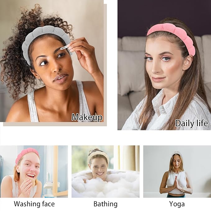 WHAVEL 3 Pack Spa Headband Skincare Headbands, Makeup Headband Sponge Terry Cloth Headbands Face Wash Headband Puffy Hair Band for Washing Face Women Girls (Gray, Khaki, Pink) (TCH-05)