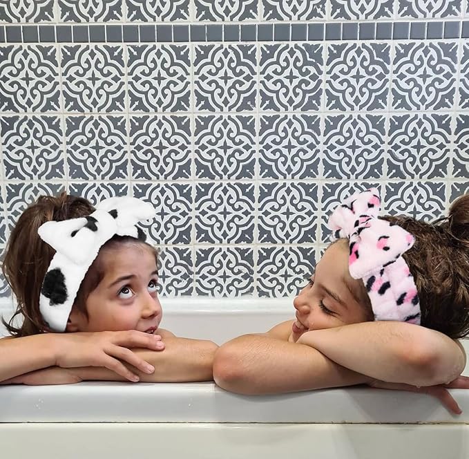 Huachi Pink Leopard Soft Microfiber Spa Headbands for Women Washing Face, Cute Skincare Headband with Bow, Face Wash Headbands for Teen Girls, Party Favors Bow Hair Band