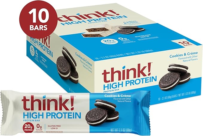think! Protein Bars, High Protein Snacks, Gluten Free, Kosher Friendly, Cookies and Crème, Nutrition Bars, 2.1 Oz per Bar, 10 Count (Packaging May Vary)