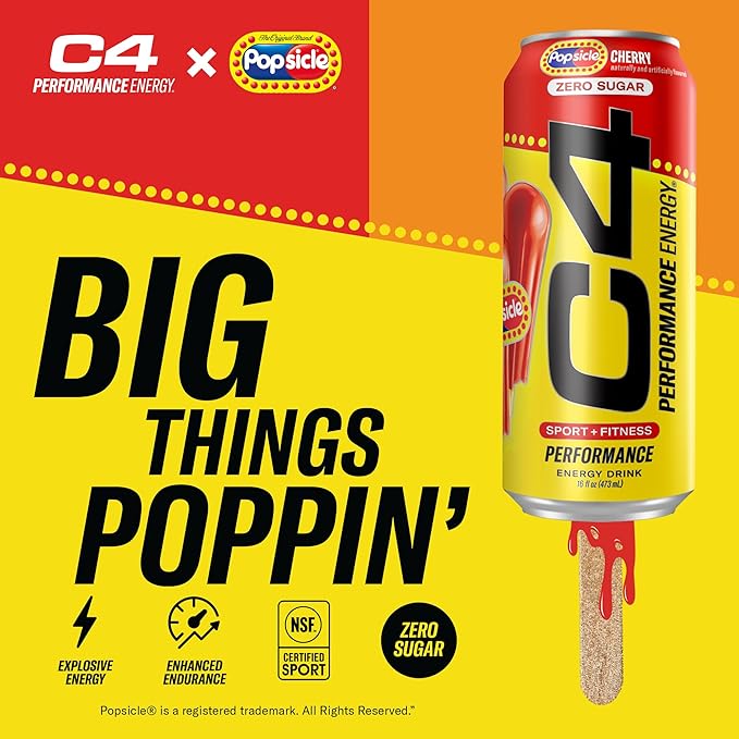 C4 Energy Drink x Popsicle Variety Pack, Carbonated Sugar Free Pre Workout Performance Drink with no Artificial Colors or Dyes, 3 Flavors - Grape, Hawaiian Pineapple, and Cherry, 16 Oz, Pack of 12