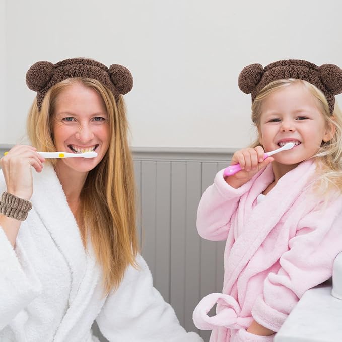 VELSCRUN Spa Headband, Makeup Face Wash Skincare Headbands, 5 Pcs Sponge Get Ready Bear Ears Hairband Facial Wristband Hair Clip Set, Stuff for Teen Girls Women Trendy Hair Accessories Dark Brown