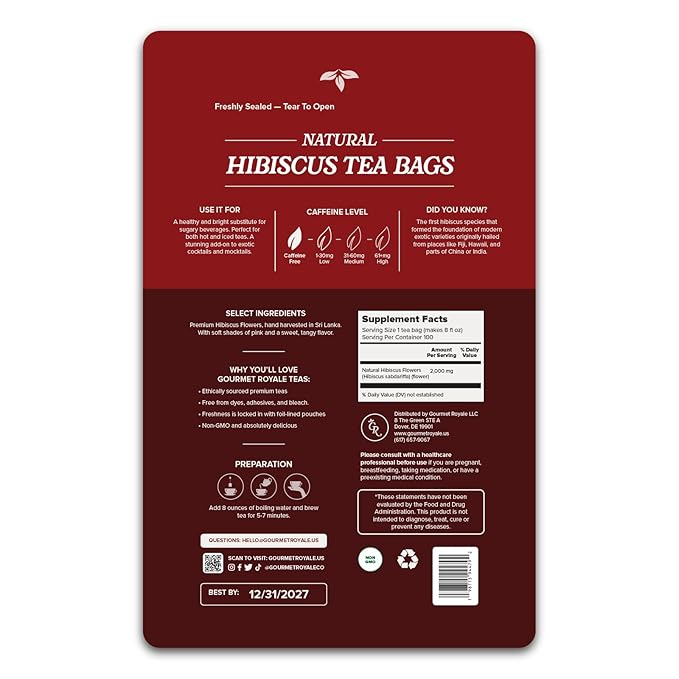 Gourmet Royale Hibiscus Tea, 100 Count, Sustainable Tea Bags, Pure Hibiscus Flowers, Caffeine & Sugar Free, Non-GMO & Vegan, Grown in Sri Lanka, (Pack of 1)