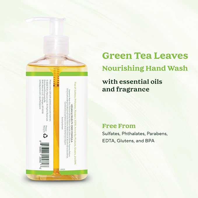SoF Nourishing Hand Wash - With Moisturizing Sea Algae, Coconut & Olive Oil- Vegan & Non GMO- Free From Phthalates, Sulfates & Parabens- Green Tea Leaves - 8 oz Bottle 3 Pack