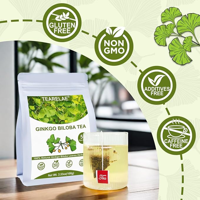 TEARELAE - Ginkgo Biloba Tea Bags, 50 Count - 100% Pure Ginkgo Biloba Leaves - Non-GMO - Naturally Caffeine-free Herbal Tea - Support Vision Health & Enhance Immunity
