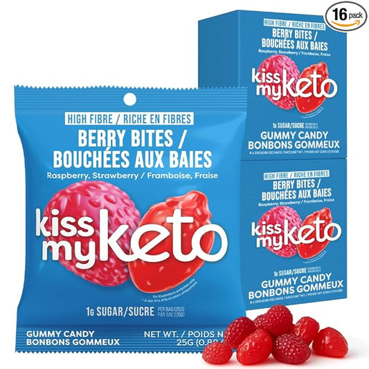 Kiss My Keto Sugar Free Gummies, Berry Bites 16-Pack – Satisfy Cravings while Staying in Ketosis – High Fiber, 7g Net Carbs, Non-GMO, Vegan, & Gluten-Free – Low-Calorie Vegan Candy