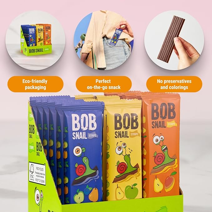 BOB SNAIL Healthy Organic Fruit Snacks for Kids and Adults – 30 Organic Fruit Leather Snacks with Pear & Apple, Blueberry, Mango – Vegan Low-Carb Variety Pack Strips for Kids – Sugar Free Jerky Bars