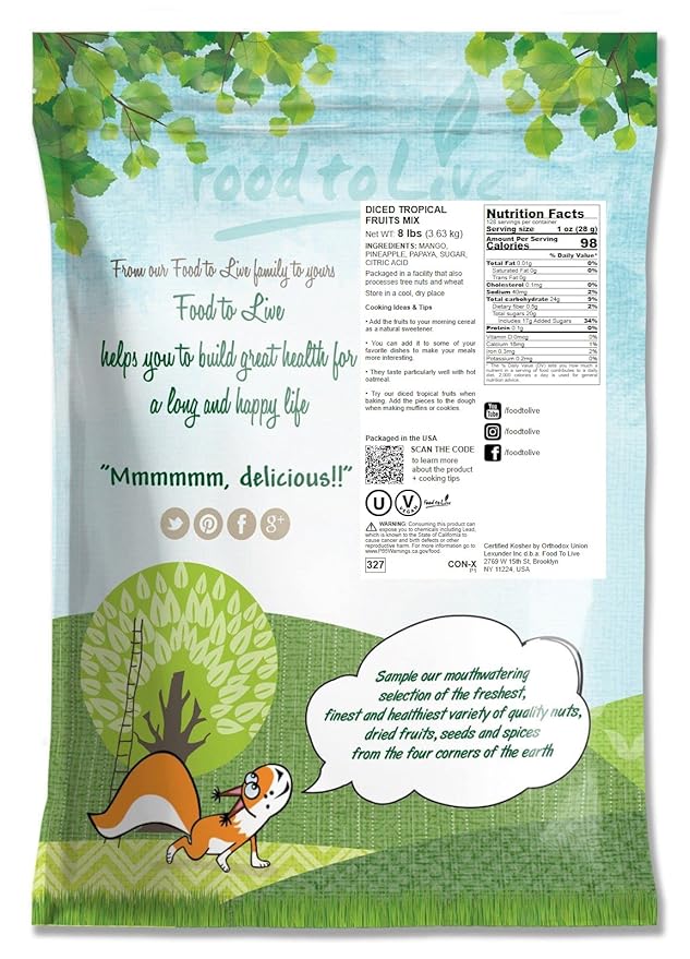 Food to Live Diced Fruits Mix, 8 Pounds - Contains Dreid and Diced Mango, Pineapple, Papaya. Sweetened, Unsulfured, Candied Vegan Snack, Kosher, Bulk, Great for Culinary Use and Baking