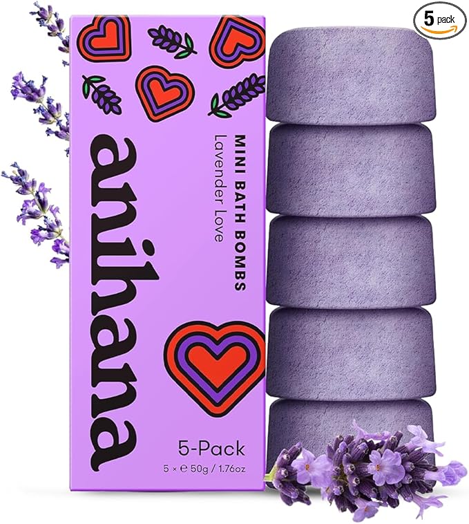 ANIHANA Mini Bath Bombs with Coconut Oil, Paraben Free, Hand-Crafted Luxury Fizzers, Refreshing Lavender Love Scent, 1.76 oz Each, 5 Pack