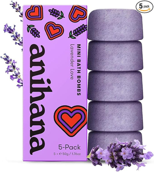 ANIHANA Mini Bath Bombs with Coconut Oil, Paraben Free, Hand-Crafted Luxury Fizzers, Refreshing Lavender Love Scent, 1.76 oz Each, 5 Pack