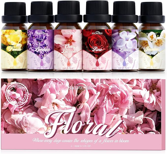 Floral Essential Oil Set, Premium Essential Oils for Diffusers for Home, Includes Lilac, Freesia, Jasmine, Cherry Blossom, Rose and Lavender Candle Scents for Candle Making, DIY Soaps,Cleaning