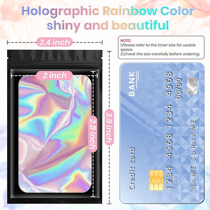 100 Pieces Smell Proof Mylar Bags, Holographic Packaging Bag, Resealable Odor Foil Pouch Zipper Bags with Clear Window for Food Storage and Lipgloss, Jewelry Lash (Black, 2.4 x 3.9 Inch)