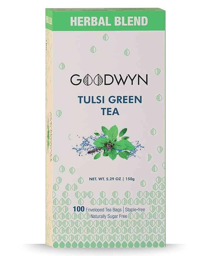 Goodwyn Tulsi, holy basil Tea with Ginger & Lemon | 100 Green Tea Bags | Low Caffeine, Sugar-Free Herbal Daily Tea | Plastic Free Individually Wrapped Tea Bags | Tulsi Tea Sampler Gift Set, Eco-Friendly, Indian Origin chai