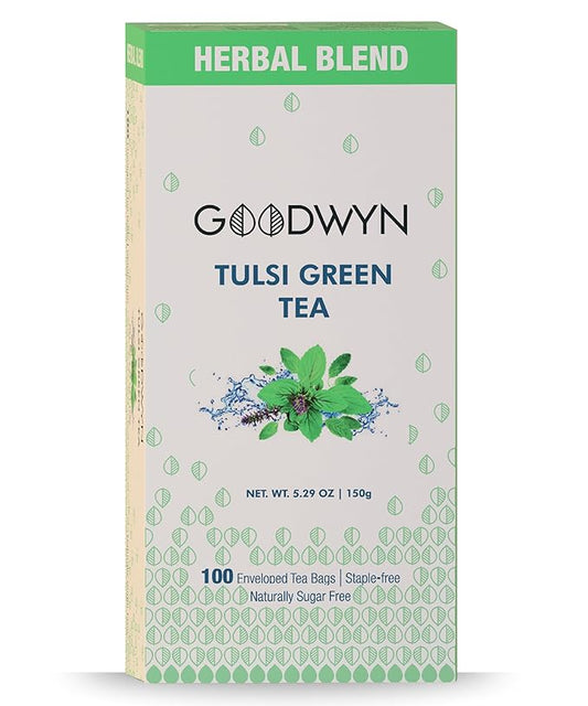 Goodwyn Tulsi, holy basil Tea with Ginger & Lemon | 100 Green Tea Bags | Low Caffeine, Sugar-Free Herbal Daily Tea | Plastic Free Individually Wrapped Tea Bags | Tulsi Tea Sampler Gift Set, Eco-Friendly, Indian Origin chai