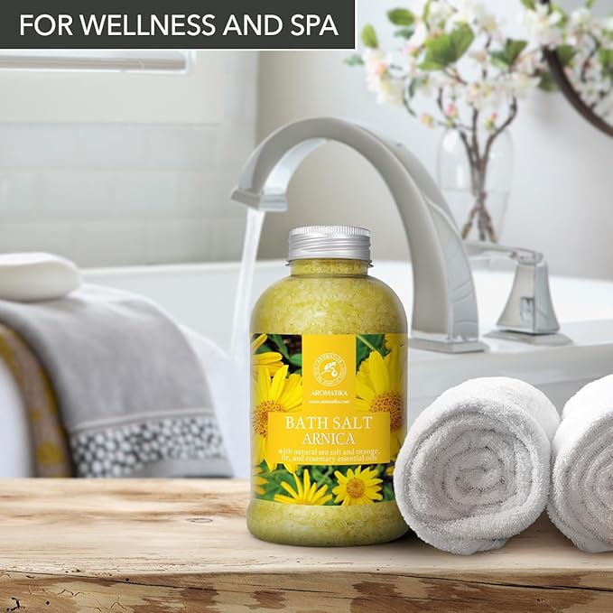 Arnica Bath Salts 21.16 Oz - 100% Natural Rosemary Orange and Fir Essential Oils - Sea Salt Arnica 600g - Best for Bath - Good Sleep - Relaxing - Body Care - Beauty