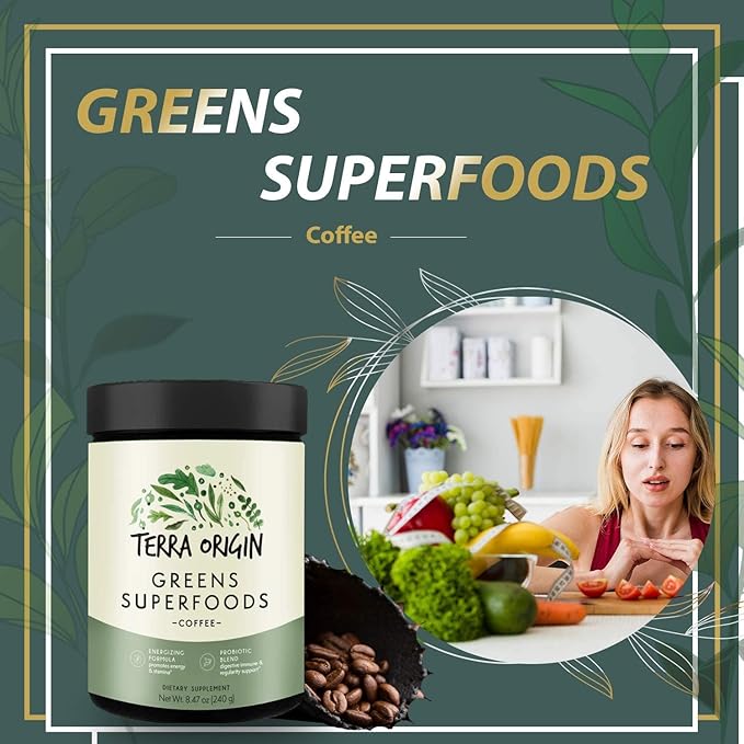 TERRA ORIGIN Superfoods Greens Blend Immune and Digestive Support | Organic Vegetable Supplement with Tumeric, Milk Thistle, Green Tea, Chlorella | Non-GMO, Gluten-Free, Vegan | Coffee | 30 Servings