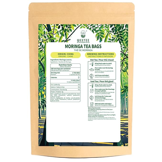 WT WEETEE Moringa Tea Bags 100 Count, 100% Pure Dried Moringa Leaves, Caffeine Free Nutrient-Dense Herbal Tea, Earthy Spinach Aroma & Bold Fermented Bean-Like Flavor