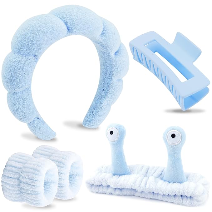 VELSCRUN Spa Headband, Makeup Face Wash Skincare Headbands, 5 Pcs Sponge Get Ready Snail Hairband Facial Wristband Hair Clip Set, Stuff for Teen Girls Women Trendy Hair Accessories Blue
