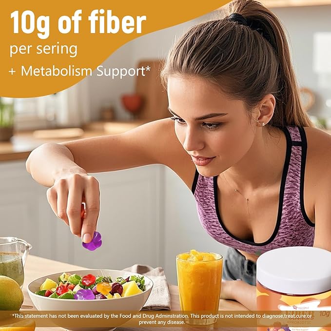 10G Fiber Gummies with Probiotics, Fiber Supplement with 30 Billion CFU Probiotics Blend, ACV, Vitamin C, Inulin - Support Digestive Health - No Sugar Added - Fruit Flavored - 90 Count