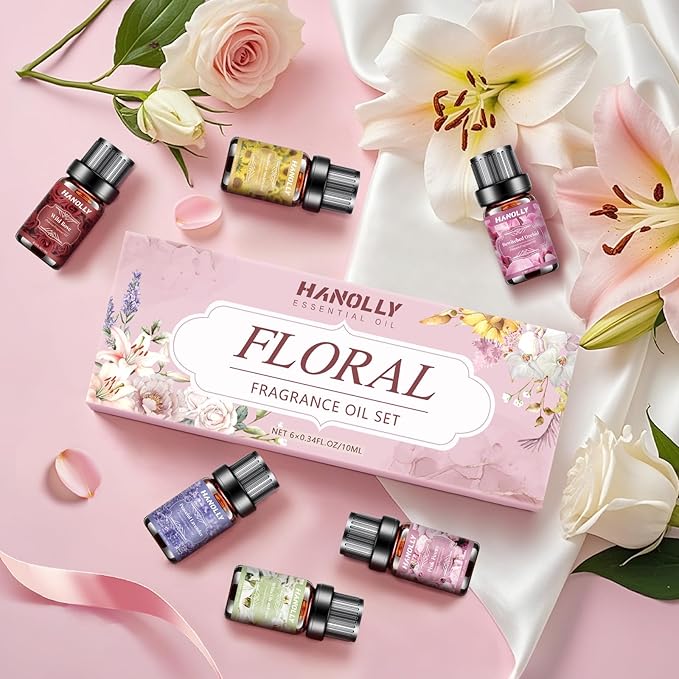 Floral Essential Oils Set - 6 Premium Fragrance Oil for Diffusers, Candle Making, Humidifier - Pink Peony, Wild Rose, Lavender, Sunflower Sandalwood, Bewitched Orchid, White Lily Aromatherapy Oi