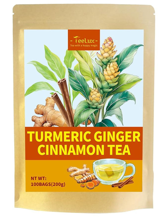 TeeLux Turmeric Ginger Cinnamon Tea, Natural Turmeric Herbal Tea with Ginger and Cinnamon, Spicy & Sweet Flavor, Caffeine Free, 100 Count