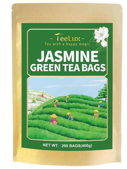 TeeLux Jasmine Green Tea Bags, Natural Caffeinated Jasmine Scented Green Tea with Pleasant Aroma, Smooth Taste, 200 Count