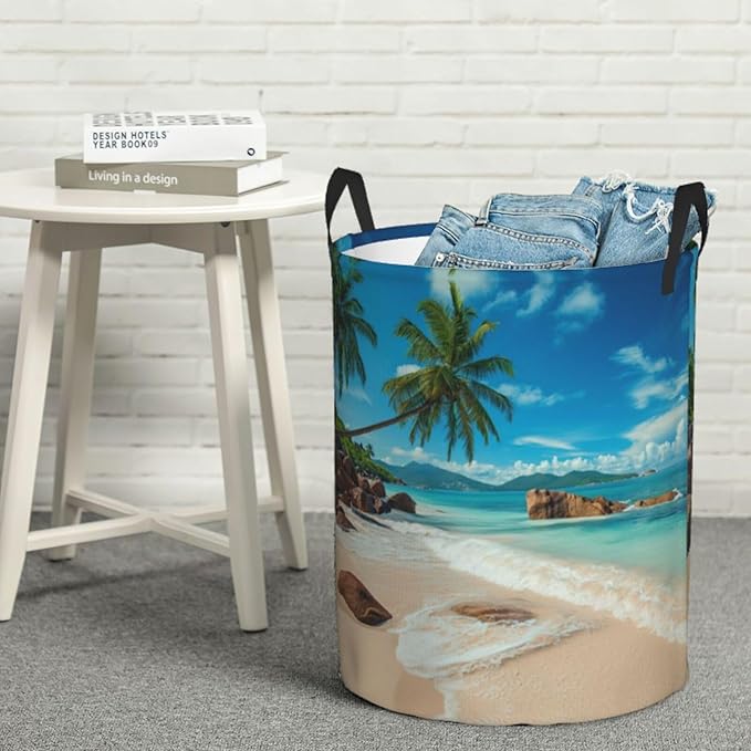 Laundry Basket Seaside Palm Trees Collapsible Large Capacity, 63L Dirty Clothes Basket Durable Lightweight Hamper With Handles Ideal For Clothes,Toys Home Organization15.7 * 19.6in