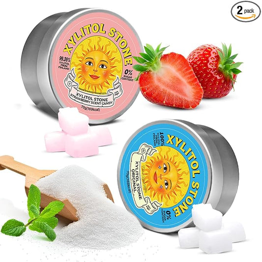 Xylitol Stone Sugar Free Candy - Vegan & Keto Friendly Unique Hard Candy - 100% Natural Flavor Candies - Gluten Free & Non-GMO Breath Freshener Low Calorie Mints - Pack of 2 (Original, Strawberry)