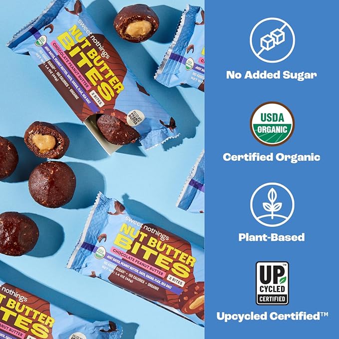 Sweet Nothings, Chocolate, USDA Organic Nut Butter Bites Protein Bar, Nut & Date Snack, Filled with Peanut Butter, 12-2 Bite Value Packs - No Added Sugar, Plant Based, Vegan, Only 7 Ingredients
