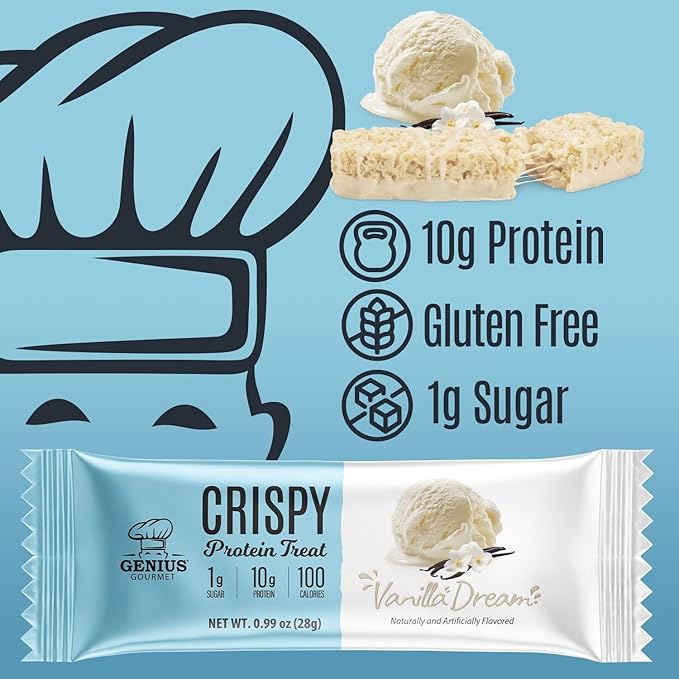 Genius Gourmet Crispy Protein Treat, Vanilla Dream, Keto Snack, Low Carb, Low Sugar & Gluten Free, Protein Snacks for Adults, 10G of Whey Protein per Protein Bar, 5 Net Carbs, On The Go Snack, 10 CT
