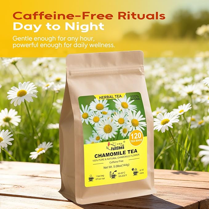 FullChea - Chamomile Tea bags, 120 Teabags, 1.2g/bag - Pure & Natural Chamomile Flowers - Caffeine-free Herbal Tea for Relaxation - Support Digestion & Boost Immune System