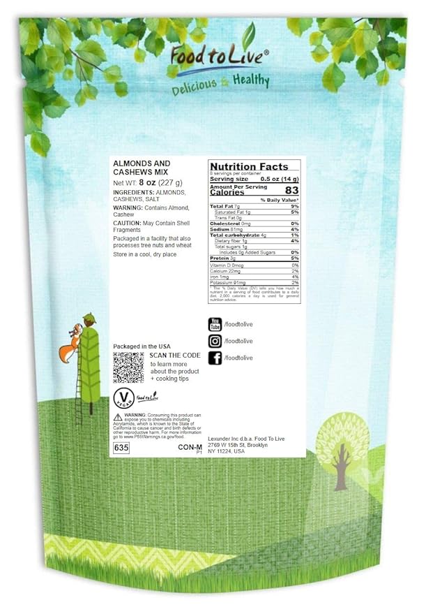 Almonds and Cashews Mix, 8 Ounces – Dry Roasted Nuts with Himalayan Salt, Protein Rich Trail Mix, Healthy Vegan Snack, No Oils and Preservatives, Good Source of Fiber. Bulk