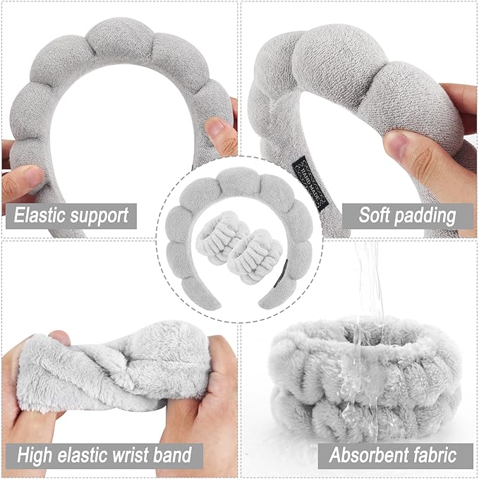 Zkptops Spa Headband for Washing Face Wristband Set Sponge Makeup Skincare Terry Cloth Bubble Soft Get Ready Hairband for Women Girl Puffy Padded Headwear Non Slip Thick Hair Accessory(Grey-2)