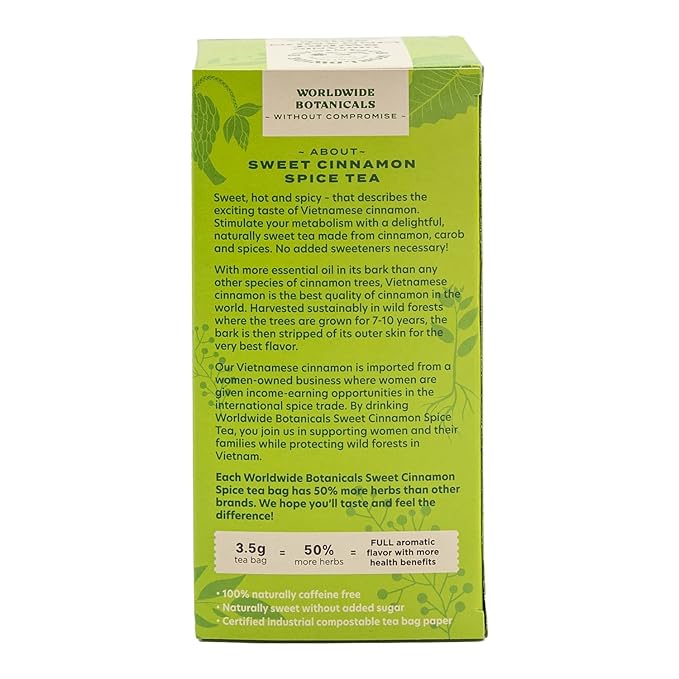 Worldwide Botanicals Sweet Cinnamon Spice Herbal Tea, 25 Tea Bags - Organic, Caffeine Free, Kosher, Naturally Sweet, 50% More Herbs (Pack of 2)