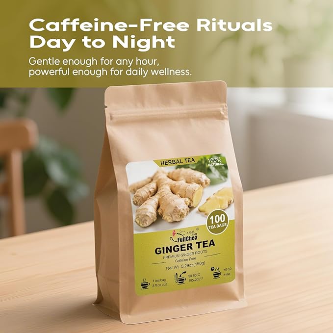 FullChea - Ginger Tea Bags, 1.5g*100 Counts - Pure Ginger Root Tea to Soothe & Invigorate - Non-GMO, Caffeine-Free, Support Digestion & Boost Immunity