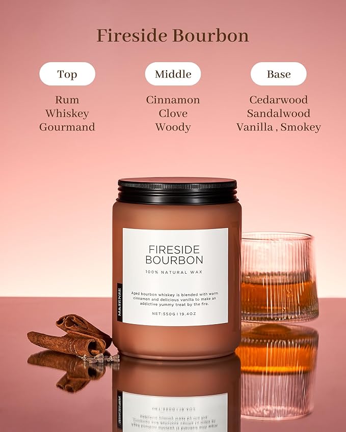 M&SENSE Fireside Bourbon Candles Strong Scented, 2 Wick Jar Candle 19.4oz 110 Hour Long Lasting, Organic Natural Soy Wax Candle for Bedroom Kitchen Home Decor, Warm Housewarming Gifts for Men Women