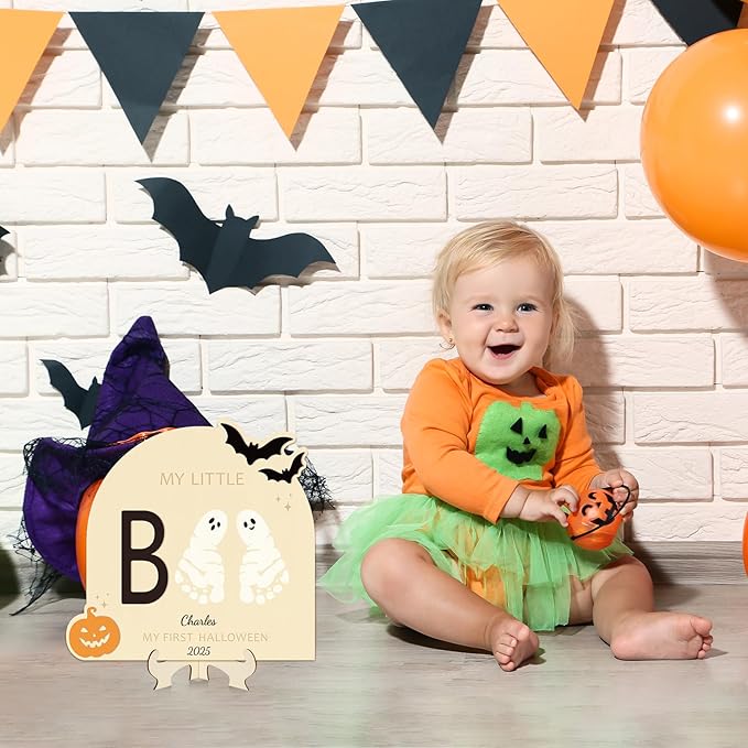 Sereliy Baby's First Halloween DIY Footprint Art Card, Wooden Little Boo Sign Keepsake Ornaments for Baby Shower Newborn Photoshoot Prop (Boo)