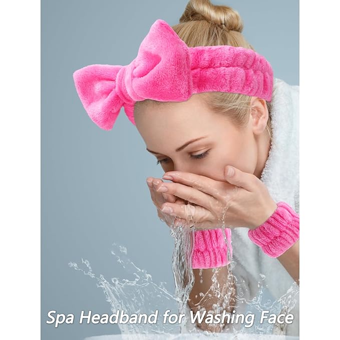 VELSCRUN 6 Pack Spa Headband, Makeup Headbands, Face Wash Headband, Skincare Headbands, Rose Pink Sponge Hair Band Bow Tie Spa Head Band for Washing Face Wristband Set Women Girls Hair Accessories
