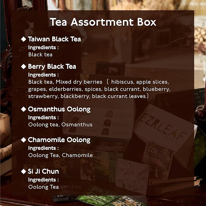 EZR Leaf Tea Sampler Gift Box – 22 Pyramid Tea Bags with Taiwan Black, Osmanthus Oolong, Chamomile Oolong, Berry Black, Four Seasons Green – Flavored Assorted Tea Set for Gifting & Tasting