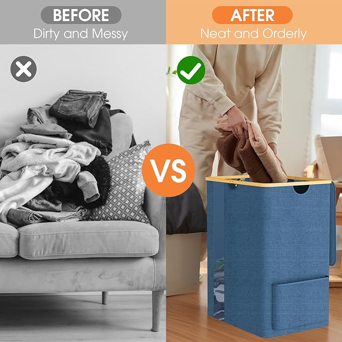 Laundry Basket Clothes Hamper with Lid and Pocket Large Collapsible Laundry Baskets with Handle, Freestanding Hampers for Bedroom Aesthetic, Dorm, Bathroom, Laundry Room (150L,Light Blue)