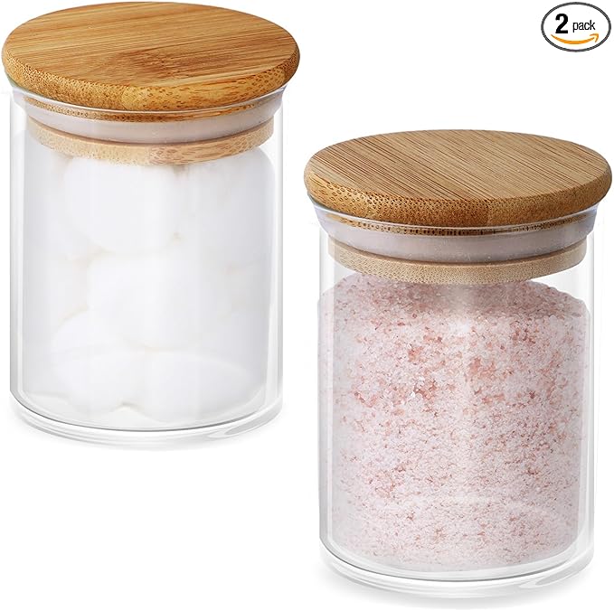 2 Pack Glass Jars with Bamboo Lids - Airtight Bathroom Storage Containers for Organization, Decor & Kitchen Pantry - 7.6oz Small Jars, Eco-Friendly Bath & Kitchen Accessories
