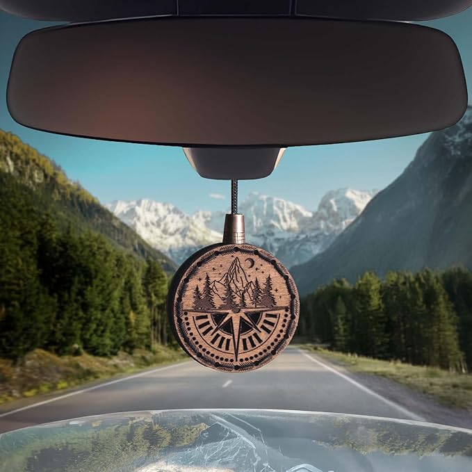 Wood Car Air Freshener — Handmade Car Air Freshener — Compass Mountains Designed Fragrance Oil Diffuser in Wooden Gift Box — Aromatherapy Set with Coffee Beans Fragrance Oil - 10 ml
