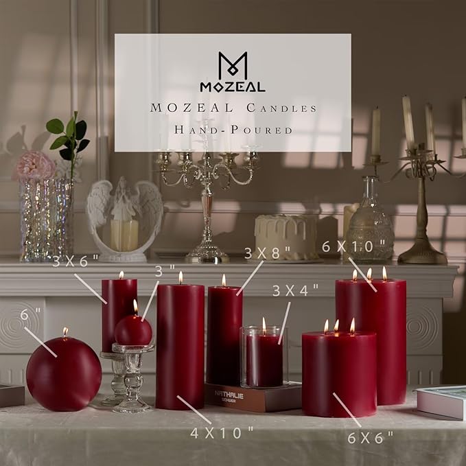 MOZEAL 3" x 4" Hand-Poured Unscented Candle,Dripless Pillar Candle Set of 3,Long Clean Burning,Approx 72 Hours Burn Time,Rustic Country Style,Wedding,Dinner,Christmas and Home Decor,Dark Red