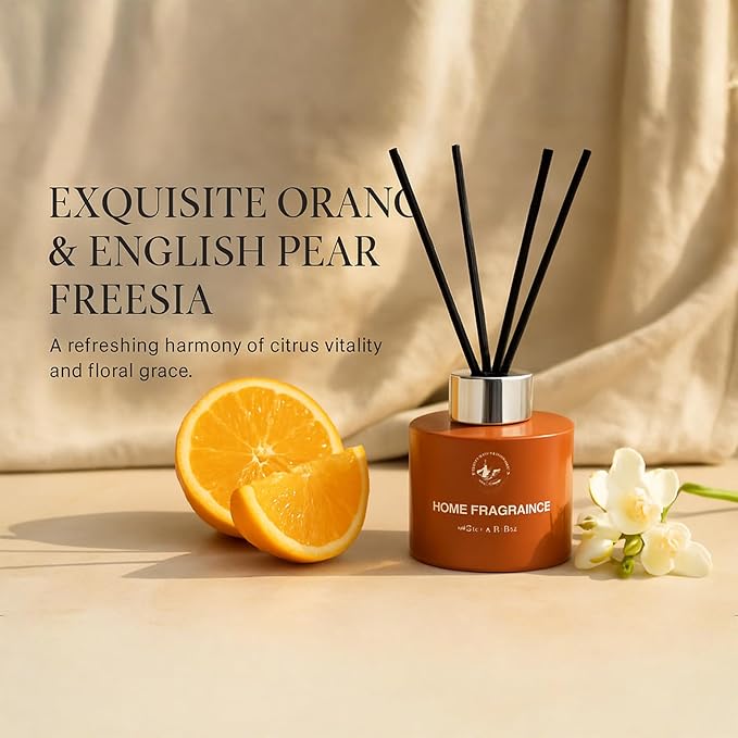 Reed Diffuser Set β 3.38 fl oz (120ml) | Premium Clean Oil Scent Diffuser with Orange & English Pear Freesia Fragrance | Elegant Home DΓ©cor, Holidays & Hotel Collection.