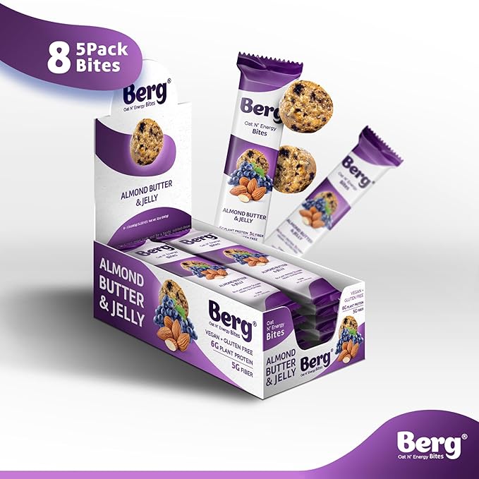 Berg Bites - Oat N' Energy Bites - Almond Butter & Jelly - Non-GMO, Gluten Free, Dairy Free, Soy Free and Vegan - Clean Energy Healthy Snack Bar - 1.5oz (8 Pack)